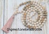 GMN6345 Knotted 8mm, 10mm white fossil jasper & picture jasper 108 beads mala necklace with tassel