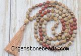 GMN6346 Knotted 8mm, 10mm matte picture jasper & red jasper 108 beads mala necklace with tassel