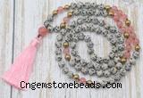 GMN6347 Knotted 8mm, 10mm dalmatian jasper & cherry quartz 108 beads mala necklace with tassel