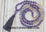 GMN6353 Knotted 8mm, 10mm amethyst, citrine & white crystal 108 beads mala necklace with tassel
