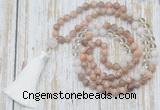 GMN6354 Knotted 8mm, 10mm sunstone, white crystal & white jade 108 beads mala necklace with tassel