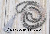 GMN6356 Knotted 8mm, 10mm labradorite, rose quartz & white moonstone 108 beads mala necklace with tassel