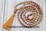 GMN6360 Knotted 8mm, 10mm picture jasper & red jasper 108 beads mala necklace with tassel