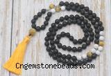 GMN6368 Knotted 8mm, 10mm black lava, matte white howlite & golden tiger eye 108 beads mala necklace with tassel