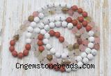 GMN6405 Hand-knotted 8mm, 10mm white howlite, cherry quartz & red jasper 108 beads mala necklaces