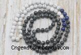 GMN6410 Hand-knotted 8mm, 10mm matte white howlite & black labradorite 108 beads mala necklaces