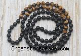 GMN6411 Hand-knotted 8mm, 10mm matte black agate & yellow tiger eye 108 beads mala necklaces
