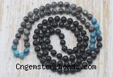 GMN6418 Hand-knotted 8mm, 10mm matte black agate, black labradorite & apatite 108 beads mala necklaces