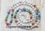 GMN6421 Hand-knotted 7 Chakra 8mm, 10mm white howlite 108 beads mala necklaces