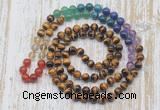 GMN6424 Hand-knotted 7 Chakra 8mm, 10mm yellow tiger eye 108 beads mala necklaces