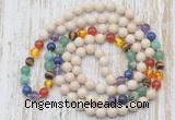 GMN6435 Hand-knotted 7 Chakra 8mm, 10mm white fossil jasper 108 beads mala necklaces