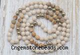 GMN6445 Hand-knotted 8mm, 10mm white fossil jasper & picture jasper 108 beads mala necklaces