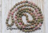 GMN6448 Hand-knotted 8mm, 10mm matte unakite & pink wooden jasper 108 beads mala necklaces