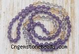 GMN6453 Hand-knotted 8mm, 10mm amethyst, citrine & white crystal 108 beads mala necklaces