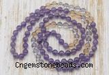 GMN6453 Hand-knotted 8mm, 10mm amethyst, citrine & white crystal 108 beads mala necklaces