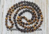 GMN6458 Knotted 8mm, 10mm yellow tiger eye, garnet & smoky quartz 108 beads mala necklaces