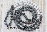 GMN6459 Knotted 8mm, 10mm snowflake obsidian, garnet & matte white howlite 108 beads mala necklaces