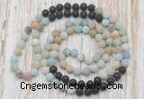 GMN6463 Hand-knotted 8mm, 10mm matte amazonite & black lava 108 beads mala necklaces