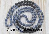 GMN6464 Hand-knotted 8mm, 10mm blue spot stone & black lava 108 beads mala necklaces