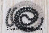 GMN6467 Knotted 8mm, 10mm black labradorite, matte rose quartz  & black agate 108 beads mala necklaces