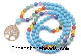 GMN6485 Knotted 7 Chakra 8mm, 10mm turquoise 108 beads mala necklace with charm