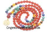 GMN6486 Knotted 7 Chakra 8mm, 10mm red agate 108 beads mala necklace with charm