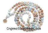GMN6490 Knotted 8mm, 10mm matte amazonite & picture jasper 108 beads mala necklace with charm