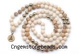 GMN6491 Knotted 8mm, 10mm white fossil jasper & picture jasper 108 beads mala necklace with charm