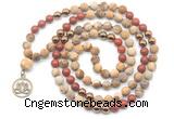 GMN6492 Knotted 8mm, 10mm matte picture jasper & red jasper 108 beads mala necklace with charm
