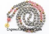 GMN6493 Knotted 8mm, 10mm dalmatian jasper & cherry quartz 108 beads mala necklace with charm
