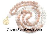 GMN6500 Knotted 8mm, 10mm sunstone, white crystal & white jade 108 beads mala necklace with charm