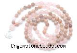 GMN6501 Knotted 8mm, 10mm sunstone, rose quartz & white jade 108 beads mala necklace with charm