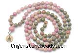 GMN6507 Knotted 8mm, 10mm unakite & pink wooden jasper 108 beads mala necklace with charm