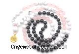GMN6508 Knotted 8mm, 10mm black agate, rose quartz & white howlite 108 beads mala necklace with charm