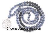 GMN6510 Knotted 8mm, 10mm blue spot stone & black lava 108 beads mala necklace with charm