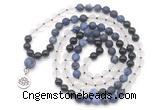 GMN6512 Knotted 8mm, 10mm matte sodalite, white crystal  & black agate 108 beads mala necklace with charm