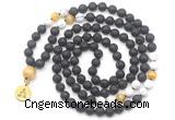 GMN6515 Knotted 8mm, 10mm black lava, matte white howlite & golden tiger eye 108 beads mala necklace with charm
