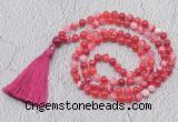 GMN674 Hand-knotted 8mm, 10mm red banded agate 108 beads mala necklaces with tassel
