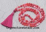 GMN674 Hand-knotted 8mm, 10mm red banded agate 108 beads mala necklaces with tassel