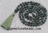 GMN690 Hand-knotted 8mm, 10mm moss agate 108 beads mala necklaces with tassel