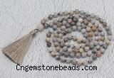 GMN699 Hand-knotted 8mm, 10mm silver needle agate 108 beads mala necklaces with tassel