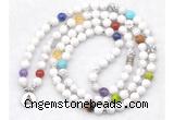 GMN7072 7 Chakra 8mm white howlite 108 mala beads wrap bracelet necklaces