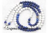 GMN7083 Chakra 8mm white howlite & lapis lazuli 108 mala beads wrap bracelet necklaces