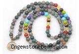 GMN7103 7 Chakra 8mm Indian agate 108 mala beads wrap bracelet necklaces