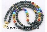 GMN7116 7 Chakra 8mm moss agate 108 mala beads wrap bracelet necklaces