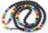 GMN7122 7 Chakra 8mm black lava 108 mala beads wrap bracelet necklaces