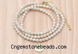 GMN7524 4mm faceted round tiny white fossil jasper beaded necklace with letter charm