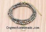 GMN7529 4mm faceted round tiny silver leaf jasper beaded necklace with letter charm