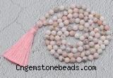 GMN769 Hand-knotted 8mm, 10mm natural pink opal 108 beads mala necklaces with tassel