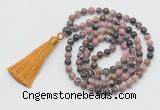 GMN795 Hand-knotted 8mm, 10mm rhodonite 108 beads mala necklace with tassel